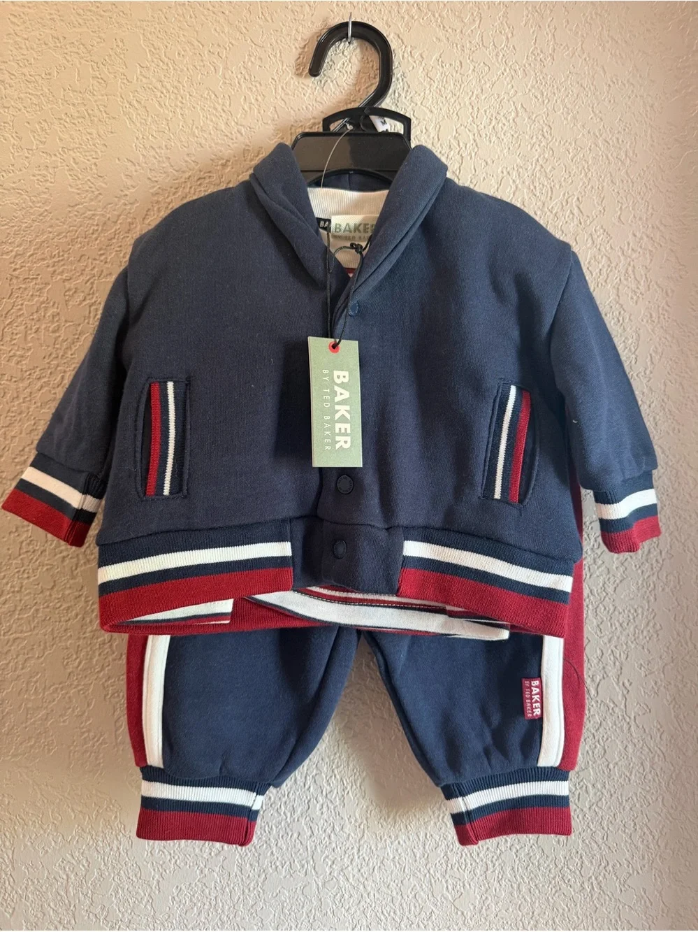 Baker by Ted Baker Navy Baby Hoodie & Jogger Set with Red and White Stripes